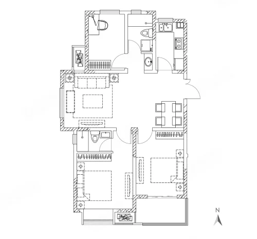 D户型 3室2厅2卫1厨 建面103平米