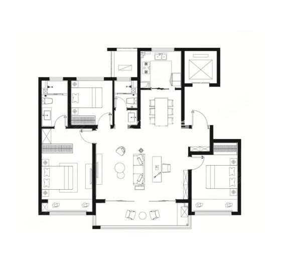 D户型 3室2厅2卫1厨， 建面128平米