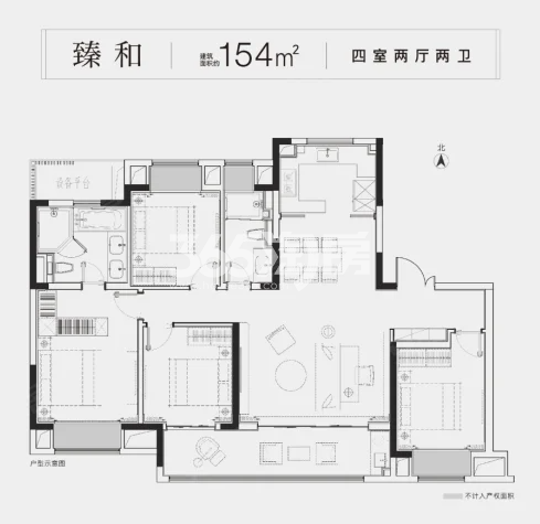 4室2厅2卫1厨， 建面154平米
