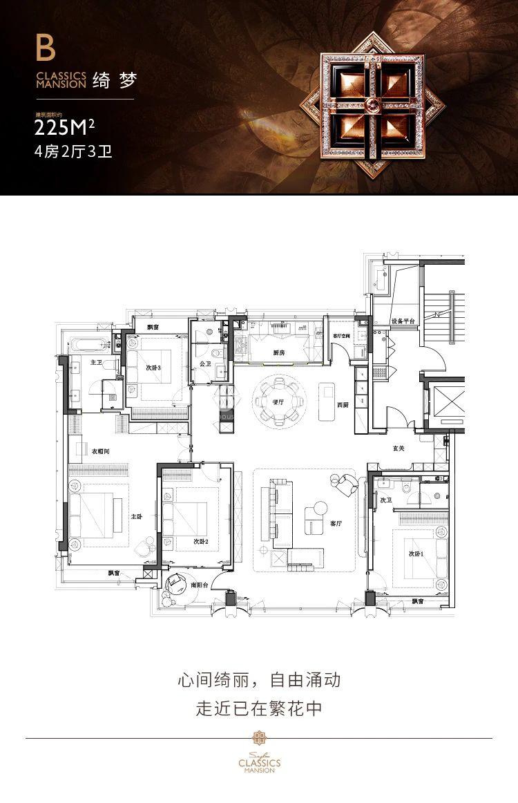 建面约225㎡四房两厅三卫