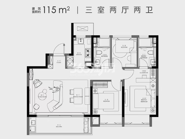 诗语溪境建面约115平小高层户型图